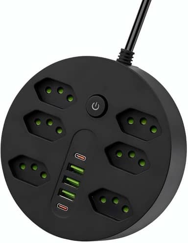 Extensão Tomada, Régua Tomada, Régua de Energia, 6 Tomadas, 3 Interfaces USB, 2 Porta USB Tipo-C, Cabo de Alimentação de 1,9 metros, Suporte a Tensão de 110-220V, Potência de 2500W, Preto (Preto)