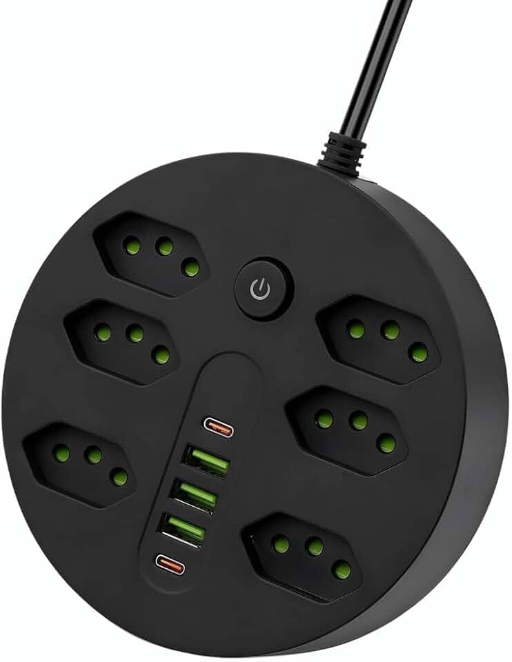 Extensão Tomada, Régua Tomada, Régua de Energia, 6 Tomadas, 3 Interfaces USB, 2 Porta USB Tipo-C, Cabo de Alimentação de 1,9 metros, Suporte a Tensão de 110-220V, Potência de 2500W, Preto (Preto)