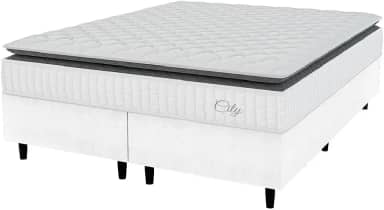 Cama Box Colchão Casal King Molas Ensacadas City Pillow Top 193x203x61cm Linho Branco/Cinza Hellen - Suporta até 110kg por Pessoa