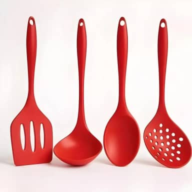 Kit 4 Utensílios de Cozinha em Silicone Premium Colher, Espátula, Concha e Escumadeira Resistente ao Calor Antiderrapante Fácil de Limpar Não Risca FONSES (Vermelho)