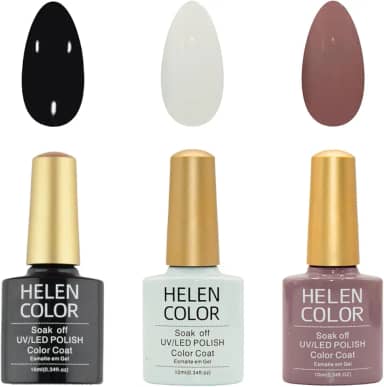 HELEN COLOR Kit 3 Esmaltes em Gel UV/LED 10ml Cada Frasco Secagem Rápida Alta Durabilidade Acabamento Brilhante (Básicos)