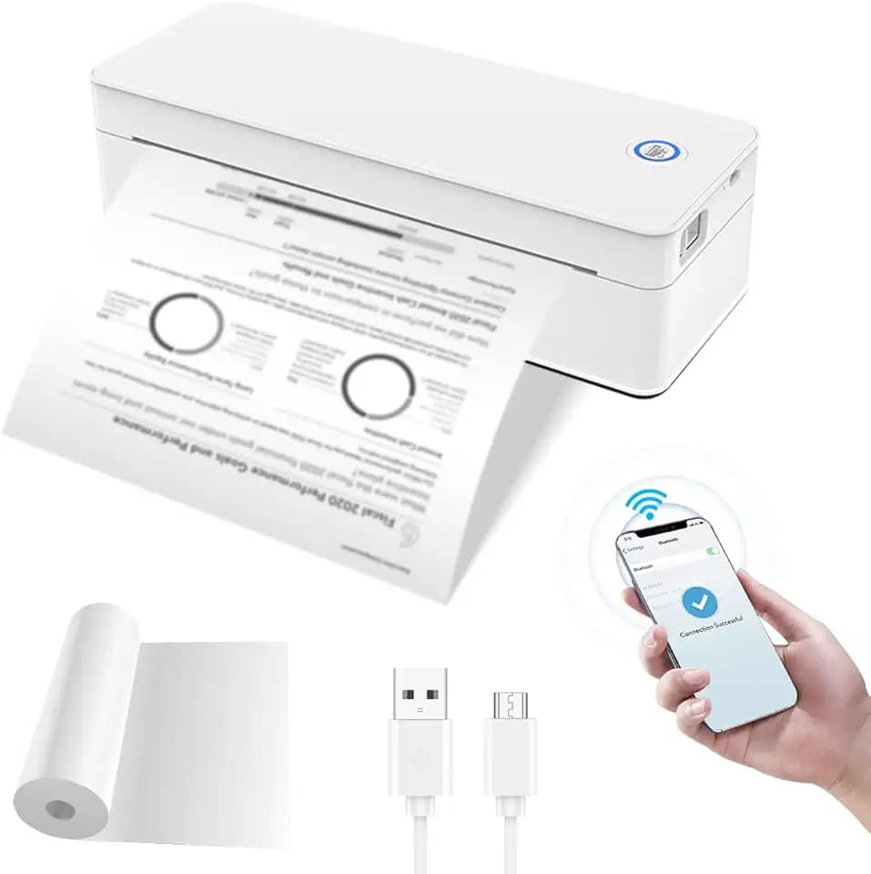 Impressora térmica portátil, impressora móvel A4/A5com 1 rolo (50 folhas) de papel térmico Impressoras portáteis para viagem Impressora térmica sem fio Impressora sem tinta para telefones Computador