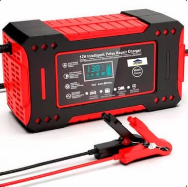 Carregador de Bateria Inteligente 12V Bivolt com Display Digital – Para Carro, Moto e Caminhão | Linha Premium com Proteção contra Superaquecimento, Sobrecarga e Curto-Circuito (Vermelho)