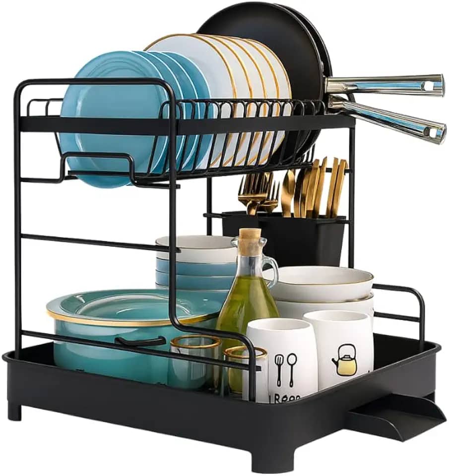 Escorredor De Louça Com Drenagem Automática 2 Níveis e Porta Talheres