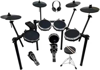 VEDO A bateria eletrônica é um kit profissional com 5 tambores e 4 pratos. Ela vem com pads de bateria Mude com tecnologia mesh, uma caixa de 8 polegadas com duas zonas de ressonância, banco bateria