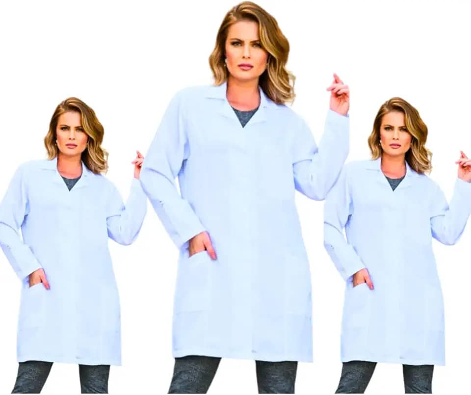 KIT 3 Jalecos Femininos Acinturado Gola Padre Oxford 3 Bolsos