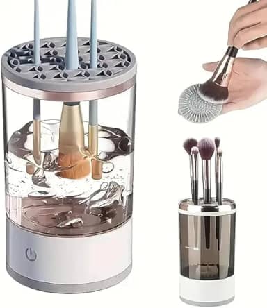 Máquina de limpeza de pincéis de maquiagem, limpador automático de pincéis cosméticos para todos os tipos, design compacto portátil para viagens, uso doméstico, ferramenta de limpeza profunda, bege