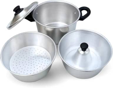 Panela 3 em 1 Multifuncional, Alumínio Polido, Conjunto com Panela Principal, Forma para Banho-Maria e Cesto Vapor, 2,5 Litros
