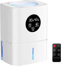 QBuen pequeno desumidificador de ar, 1100 ML, 7 luzes, com 2 modos, lembrete de água cheia e desligamento automático, adequado para salas de estar, armários, banheiros, porões, trailers