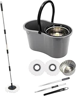Mop com Balde Giratório Cesto em Inox 9 Litros Esfregão para Limpeza Lava e Seca com 2 Refis de Microfibra Premium