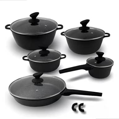 Conjunto de Panelas e Frigideiras em Cerâmica 5 Peças Alças em Madeira Tampa de Vidro PFOA livre. (Preto)