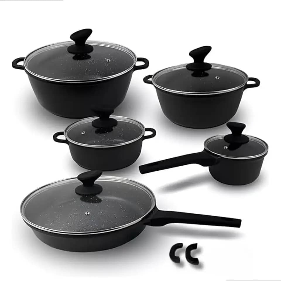 Conjunto de Panelas e Frigideiras em Cerâmica 5 Peças Alças em Madeira Tampa de Vidro PFOA livre. (Preto)