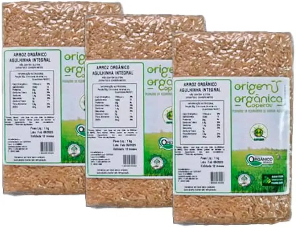 Kit 3X: Arroz Agulhinha Longo Integral Vácuo Origem Orgânica 1kg