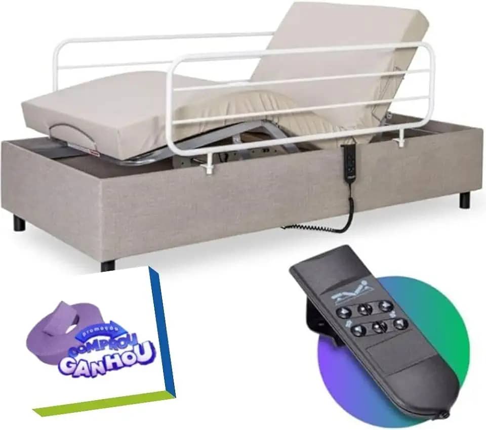 Cama Hospitalar Elétrica Zeus Idoso Pós-Cirúrgico + Colchão Hospitalar Original com Capa + Par de Grades Pilati (Bege)