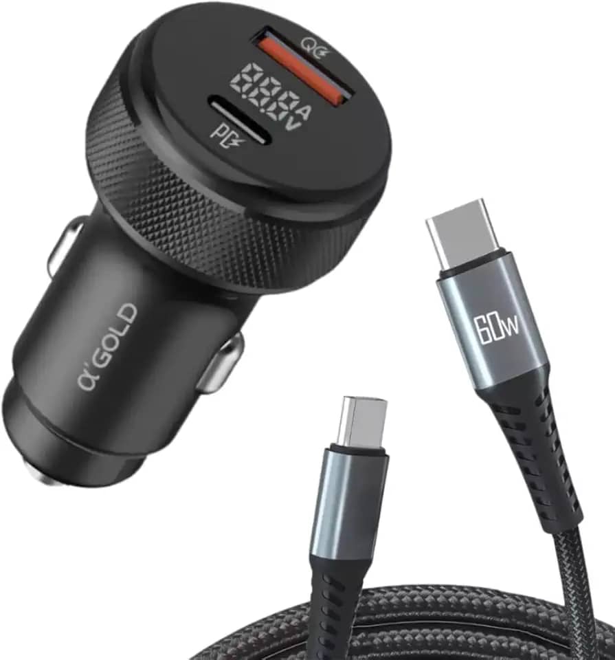 Carregador Veicular Turbo 60W – 2 USB-C Power Delivery + USB-A Quick Charge com Cabo Incluso para iOS e Android