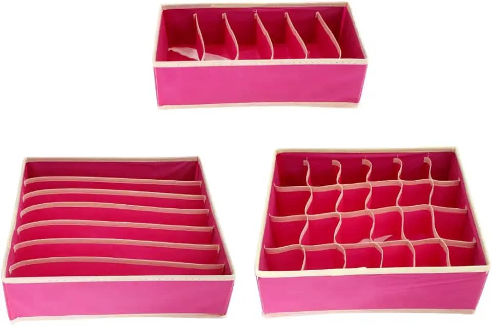 Kit 3 Organizadores de Gaveta Colmeia – 24, 7 e 6 Divisórias – Ideal para Roupas Íntimas, Cuecas, Meias e Biquínis – Práticos, Compactos e Perfeitos para Gavetas e Guarda-Roupas (Rosa)