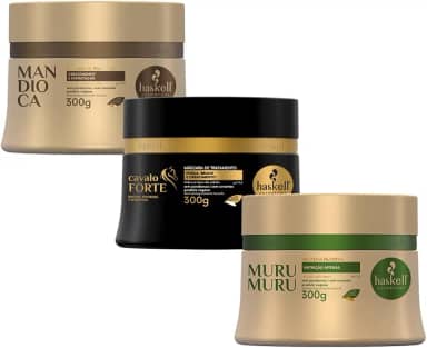 Kit Cronograma Capilar para Cabelos Ressecados Máscara Mandioca Hidratação, Cavalo Forte Reconstrução, Murumuru Nutrição