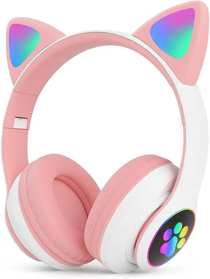 Fone de Ouvido Gatinho Sem Fio Bluetooth Infantil com LED para Meninas e Meninos Rosa
