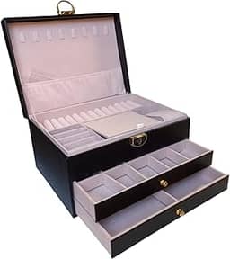 Porta-Joias Premium com 2 Camadas, 88 Espaços para Brincos, 15 Ganchos para Colares, 36 Anéis, Caixa Com Gavetas e Chave de Trava, (Preto)