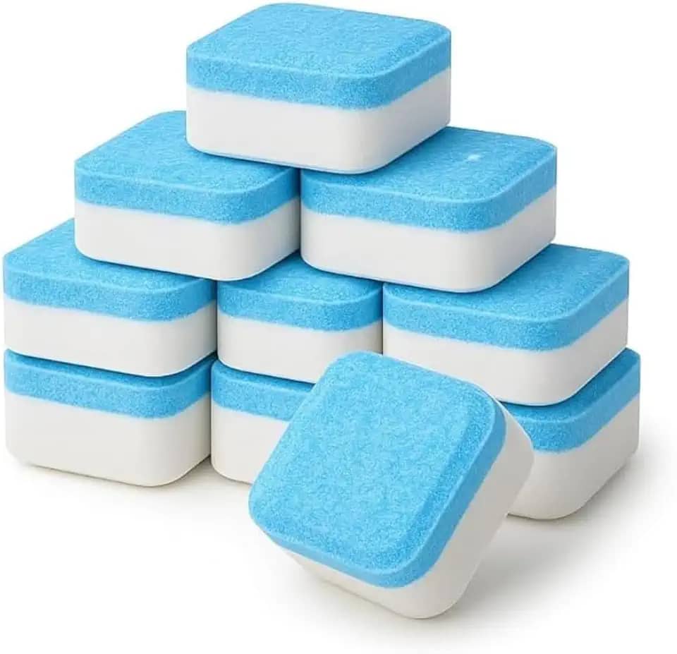 Kit 10 Pastilhas Limpadoras para Máquina de Lavar Remove Mau Cheiro, Limpeza Profunda, Proteção 12 Meses, Compatível com Todas as Máquinas, Tampa Frontal e Superior