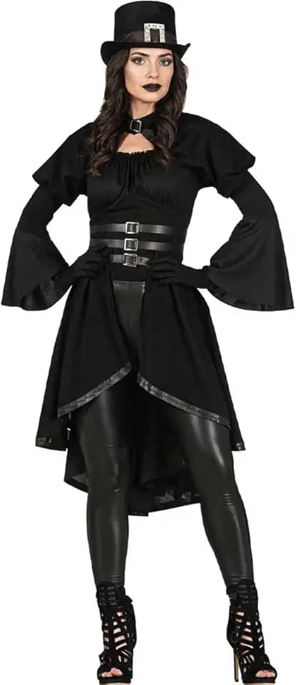 Fantasia Halloween Feminina Roupa Gótica Adulta Feminina Jaqueta Steampunk Preta de Luxo com Fivelas