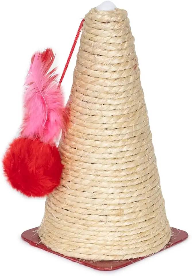 Arranhador para Gato Cone Sisal Bola Pelúcia Penas Chocalho