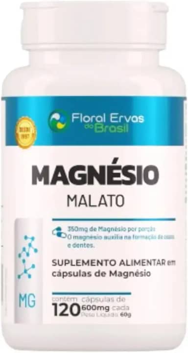 Magnésio Malato 600 mg – 120 Cápsulas | Floral Ervas do Brasil | Auxilia no Funcionamento Muscular, Neuromuscular e Metabolismo Energético