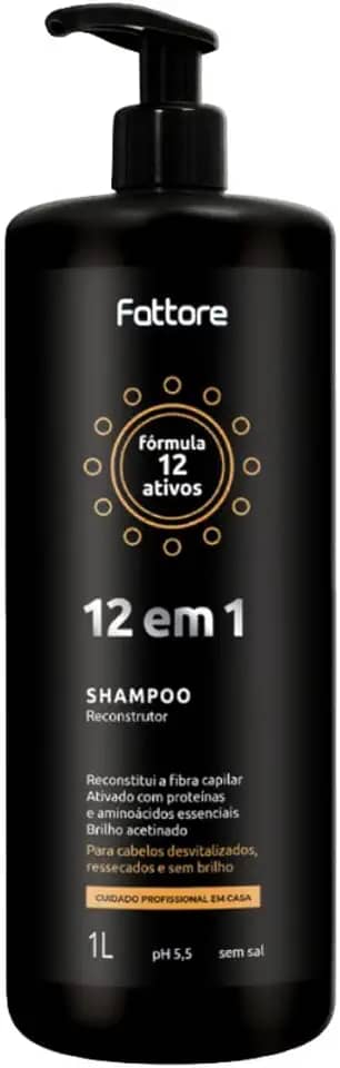 Shampoo Reconstrutor Fattore 12 em 1 1 Litro Limpeza Profissional Reconstrução Capilar Profunda pH 5.5 Sem Sal Para Cabelos Danificados Ressecados Porosos Pós Química Alto Rendimento