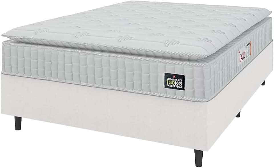Cama Box Casal Queen Colchão Espuma D45 Lazio Pillow Top 158x198x62cm Branco Hellen – Suporta Até 150 Kg Por Pessoa