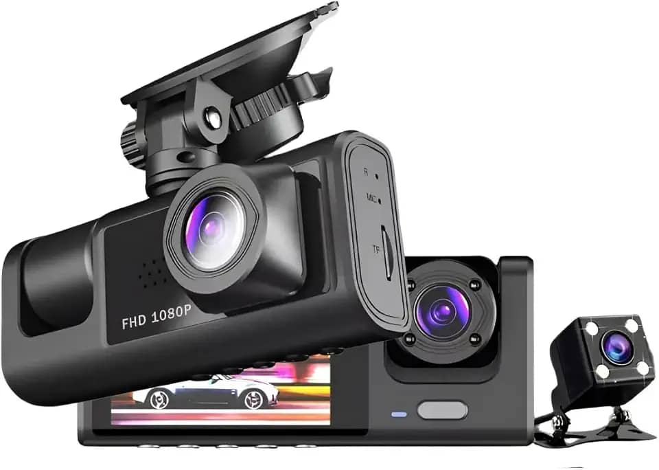 Camera Veicular Tripla 3 Lentes Full HD 1080 | Visao Noturna Frontal Interna Externa Automotiva Tela LCD' | Carro Caminhao Taxi