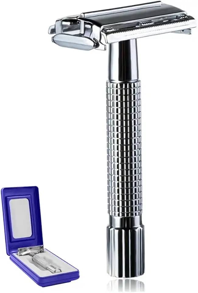 Barbeador Manual Clássico com Mecanismo de Abertura, Cabo Metálico Texturizado