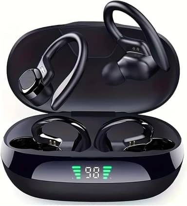 Fones de ouvido sem fio para esportes em forma de gancho com Bluetooth 5.4, qualidade de som Hi-Fi e longa autonomia – A escolha perfeita para atividades esportivas e ao ar livre (Preto)