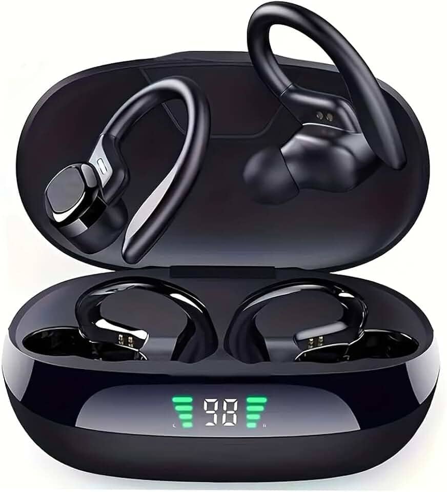 Fones de ouvido sem fio para esportes em forma de gancho com Bluetooth 5.4, qualidade de som Hi-Fi e longa autonomia – A escolha perfeita para atividades esportivas e ao ar livre (Preto)