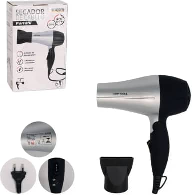 Secador de Cabelo Portátil 1200W Bivolt com 2 Velocidades – Cinza, Dobrável, Leve, Viagem, Academia, Bolsa