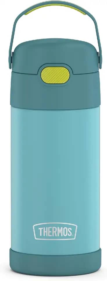 THERMOS FUNTAINER Garrafa de água com canudo - 340 g - Garrafa de água infantil isolada a vácuo de aço inoxidável com tampa, azul/verde