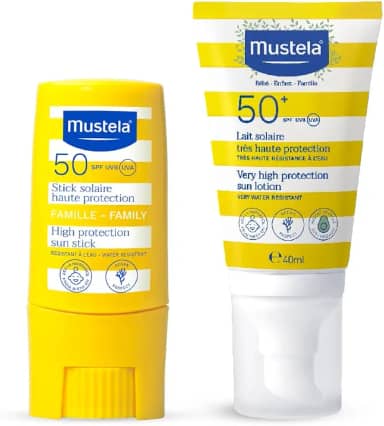 Mustela Combo Protetor Solar Stick FPS 50 8g Filtro Solar Facial em Bastão + Protetor Solar Infantil e Adulto Loção FPS 50+ 40 ml