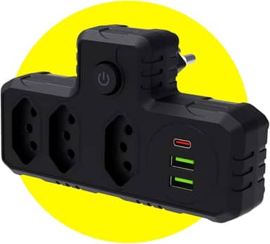 Extensão Tomada Régua Elétrica 3 Tomadas, 2 entradas USB, 1 Porta USB Tipo-C, Adaptador T Benjamin, Suporte a Tensão de 110-220V Filtro de Linha Bivolt Potência de 2500W (Preto)