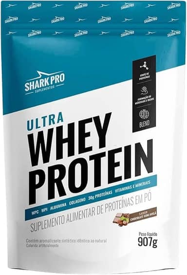 Shark Pro Ultra Whey Protein Sabor Chocolate com Avelã - 30g de Proteínas - Suplemento Alimentar de Proteínas em Pó - WPC e WPI - Fórmula com Colágeno e Albumina - 907g Pouch
