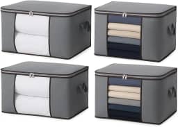 Kit c/ 4 CAIXA Sacos Organizadores REFORÇADO de Roupas e Edredons – Visor Transparente, Zíper Forte, Alças Laterais, Dobrável, Empilhável – Ideal Closet, Cama, Brinquedos e Viagens (Kit c/4)