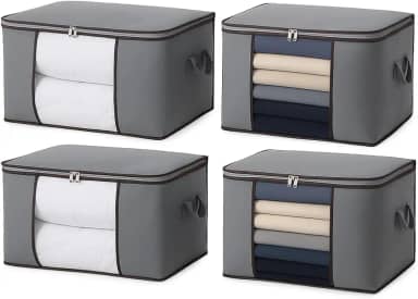 Kit c/ 4 CAIXA Sacos Organizadores REFORÇADO de Roupas e Edredons – Visor Transparente, Zíper Forte, Alças Laterais, Dobrável, Empilhável – Ideal Closet, Cama, Brinquedos e Viagens (Kit c/4)