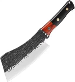 Cutelo Artesanal Faca de Cozinha Profissional com Lâmina Full Tang Texturizada em Aço Inox, Cabo de Madeira Preto e Vermelho, Estilo Cleaver, Pendurável