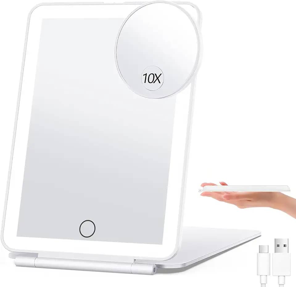 Espelho de Maquiagem Portátil com Luz LED e Aumento 10X, Recarregável via USB, 3 Cores, Tela Touch, Ultra Fino e Dobrável, para Viagem, Maquiagem e Escritório