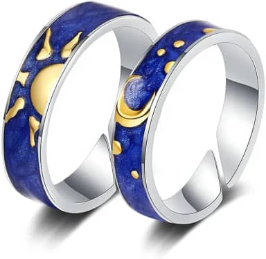Par Aliança Sol E Lua Azul e Dourado Céu Estrelado Casal Anel Ajustável Namoro Caixinha