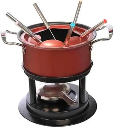 Conjunto de Fondue em Aço Inox, Base Aquecedora, 6 Garfos, Panela Vermelha, para Chocolate e Queijo
