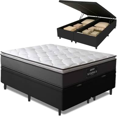 Cama Box Baú King Gazin Colchão Molas Ensacadas Com Pillow Top 193x203x65cm Suporta até 120kg por Pessoa (Cinza/Preto)