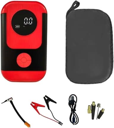 Kit de Partida de Emergência Portátil para Bateria Automotiva com Compressor de Ar, Vermelho e Preto