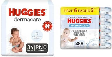 Kit Huggies Premium Dermacare Tamanho RN - 34 Fraldas + Lenço Umedecido Pure Care L6P5-288 Lenços