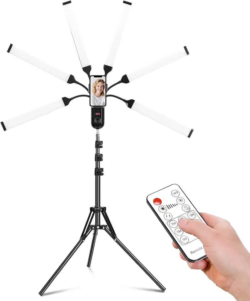 Tripe para Celular com Iluminação, Luz de Led para Gravar Video, Barra de Luz LED Portátil (com 6 Braços e Um Tripé) - para Gravação de Vídeo, Fotografia e Preenchimento de Cor, com Controlo Remoto
