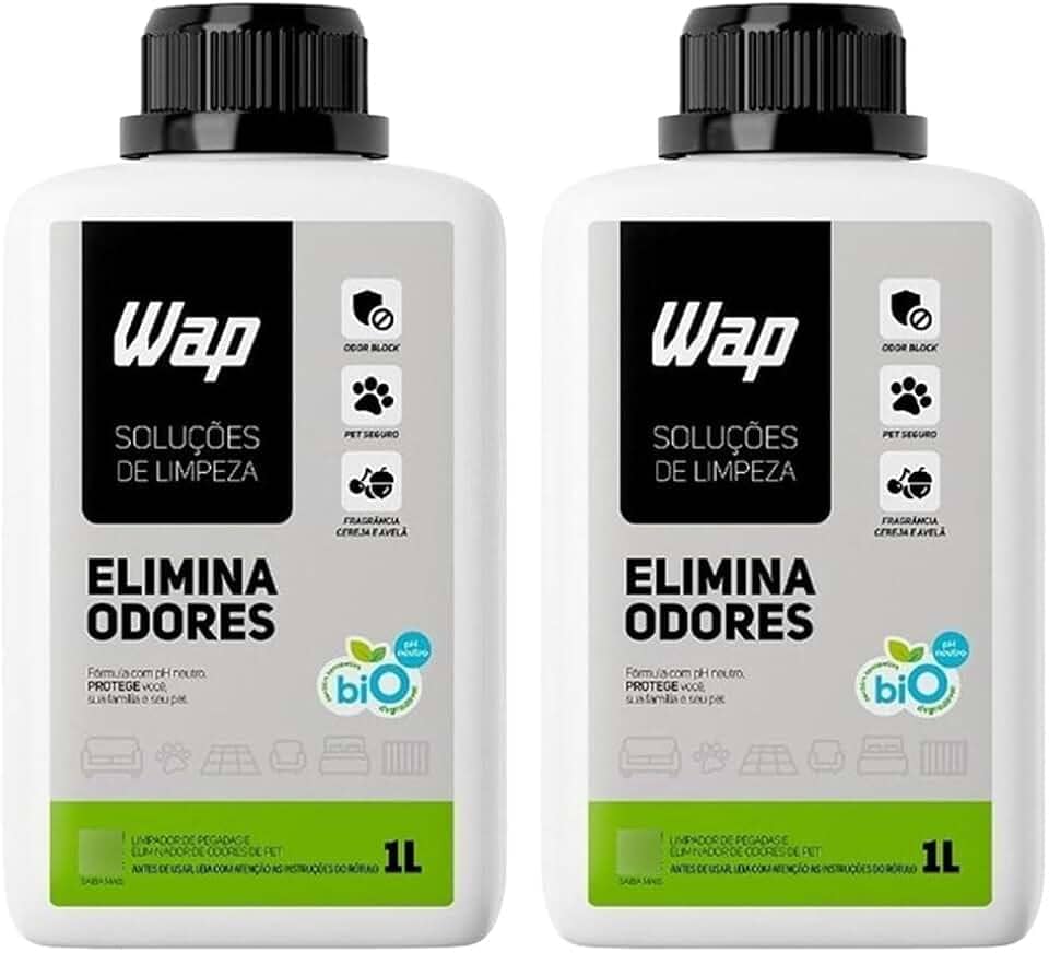Kit WAP Elimina Odores Pet – 2 Frascos de 1 Litro – Neutraliza Mau Cheiro, Urina e Fezes, pH Neutro, Biodegradável, Fragrância Cereja e Avelã