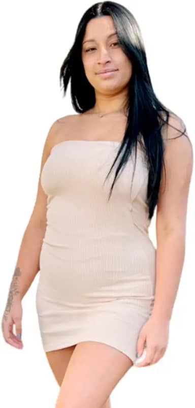 Vestido Curto Sem Alça Bege Tubinho Ajustado Tomara que Caia Sem Bojo Modela o Corpo